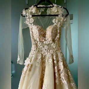 Cream A-Line Gown with Illusion Sleeves and Floral Appliqué